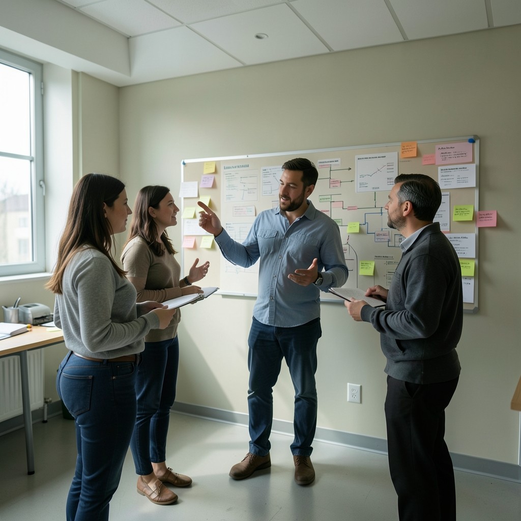 Diploma students reviewing a process map board in the campus studio